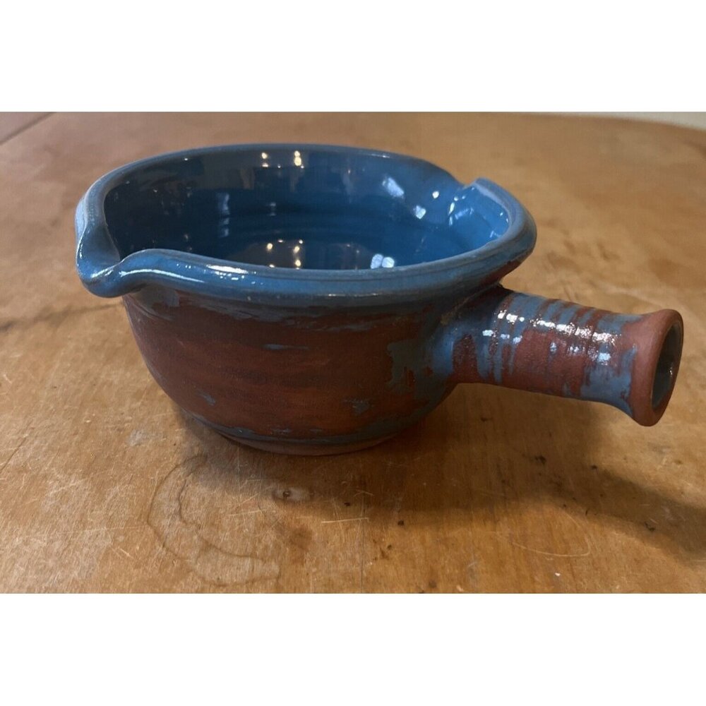 Vintage Terra Cotta Pottery Pouring Pot Blue Handle And Spouts On Both Sides
